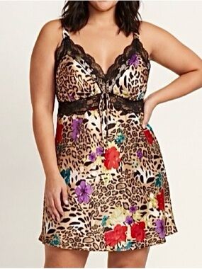 Y2K Avon Leopard Floral Print Lingerie Mini Dress Size XL Lace Elastic Waist